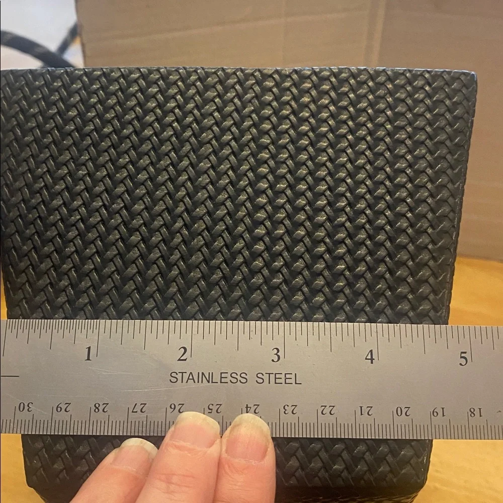 Black and Tan Woven Basket great for storage. Multi-use in br kitchen office